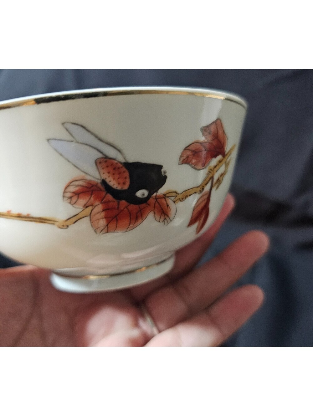 Vintage Porcelain Rice Soup Bowl White With Gold Trim 2.5" China Leaves Nature - Picture 8 of 10